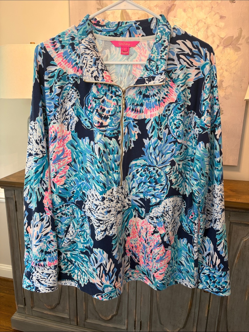 Lilly Pulitzer Navy Blue Tropical Zip-Front Popover with Pink & Aqua Print